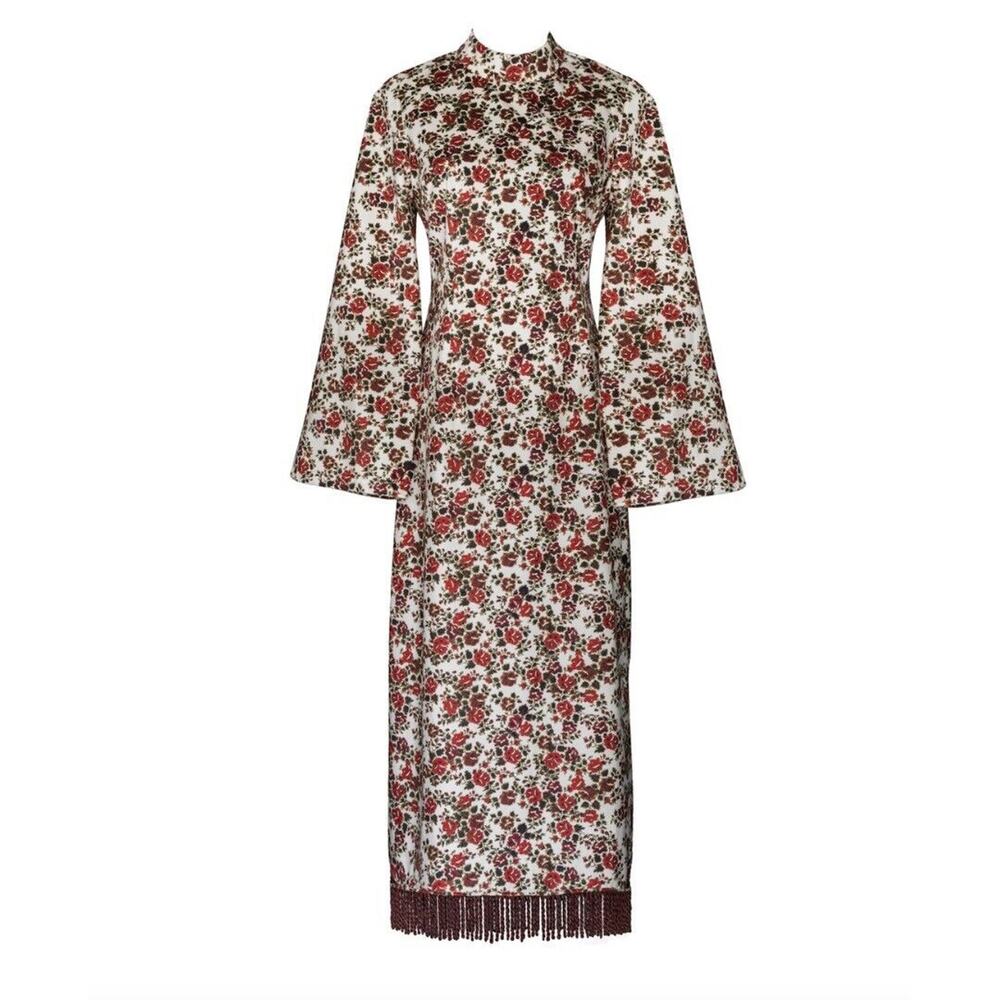 Mason's Daughter Ava Floral Printed Velvet Fringe Hem Midi Dress Size Large NWT